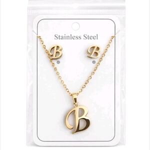 Gold Tone Stainless Steel Monogram Letter "B" Earing And Necklace Set
